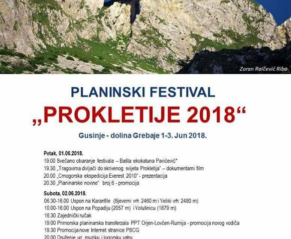 Planinski festival “Prokletije 2018” – Grebaje, 01. – 03. jun 2018.godine